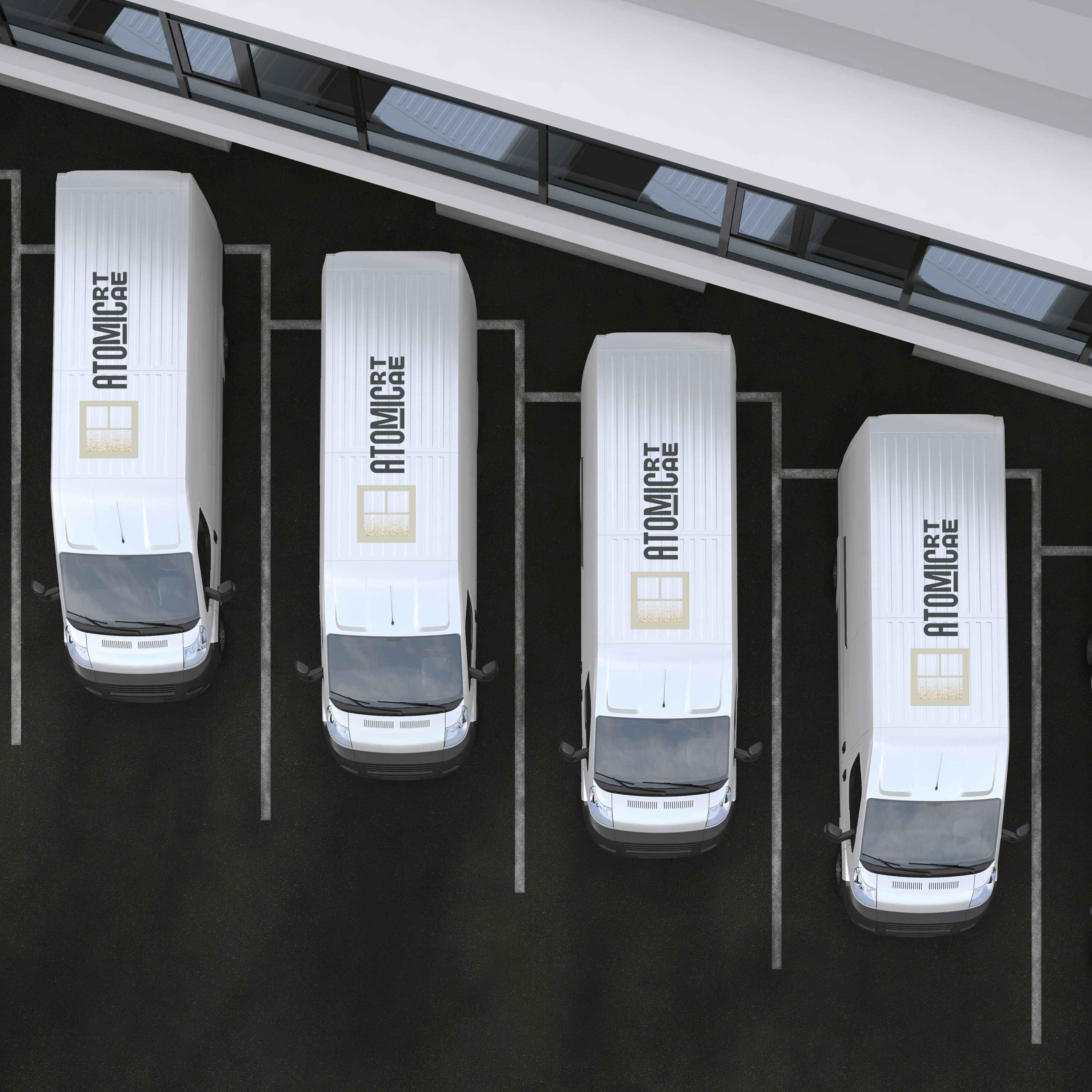 Aerial view of Atomicrate delivery vans